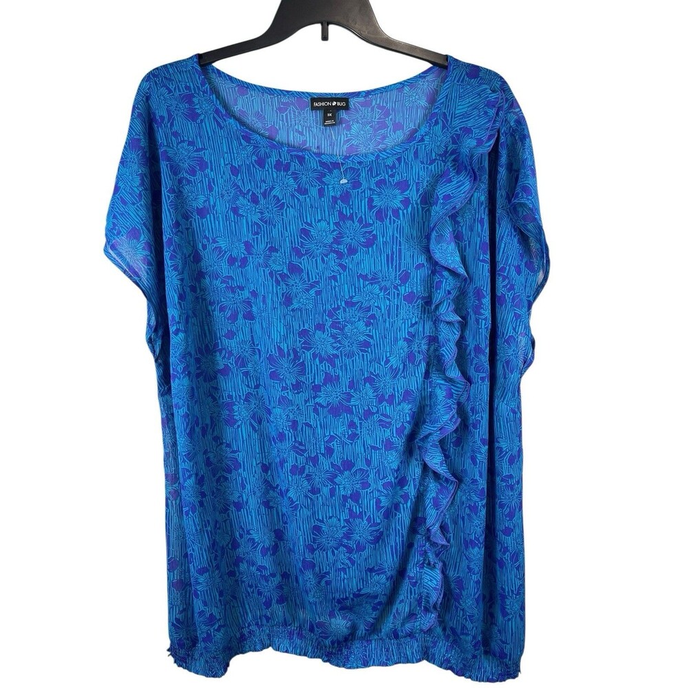 Fashion Bug 3X Blue Purple Floral Sheer Ruffle Trim Cap Short Sleeve Top Tunic